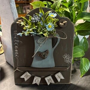 Handmade Rustic Home Wall Decor with Blue Pitcher and Flowers